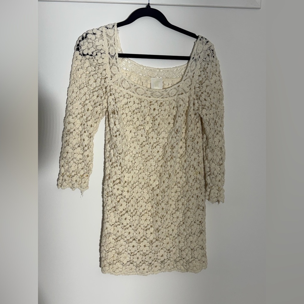 ANNA SUI Y2K COTTAGECORE LACE CROTCHED PEASANT MINI DRESS